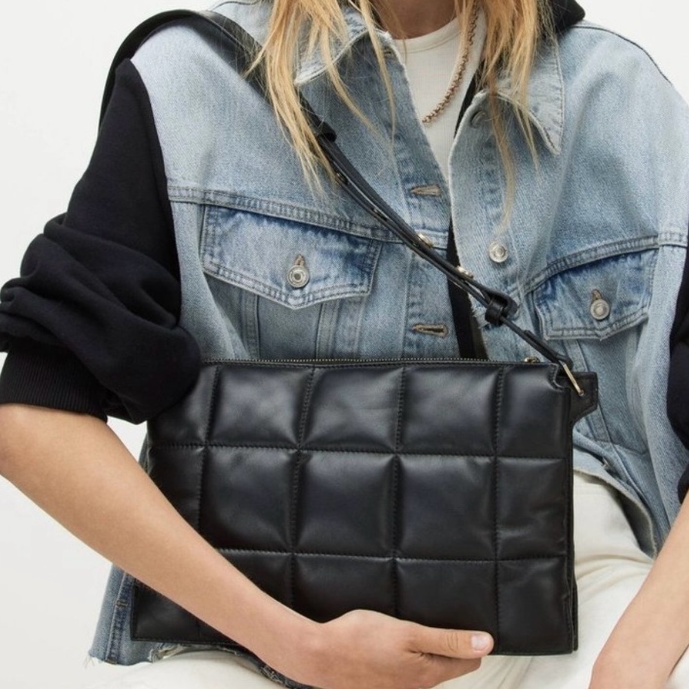 NEW AllSaints Sheringham Quilt Black Leather Shoulder Bag